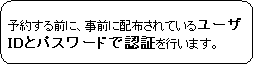 角丸四角形: 予約する前に、事前に配布されているユーザIDとパスワードで認証を行います。